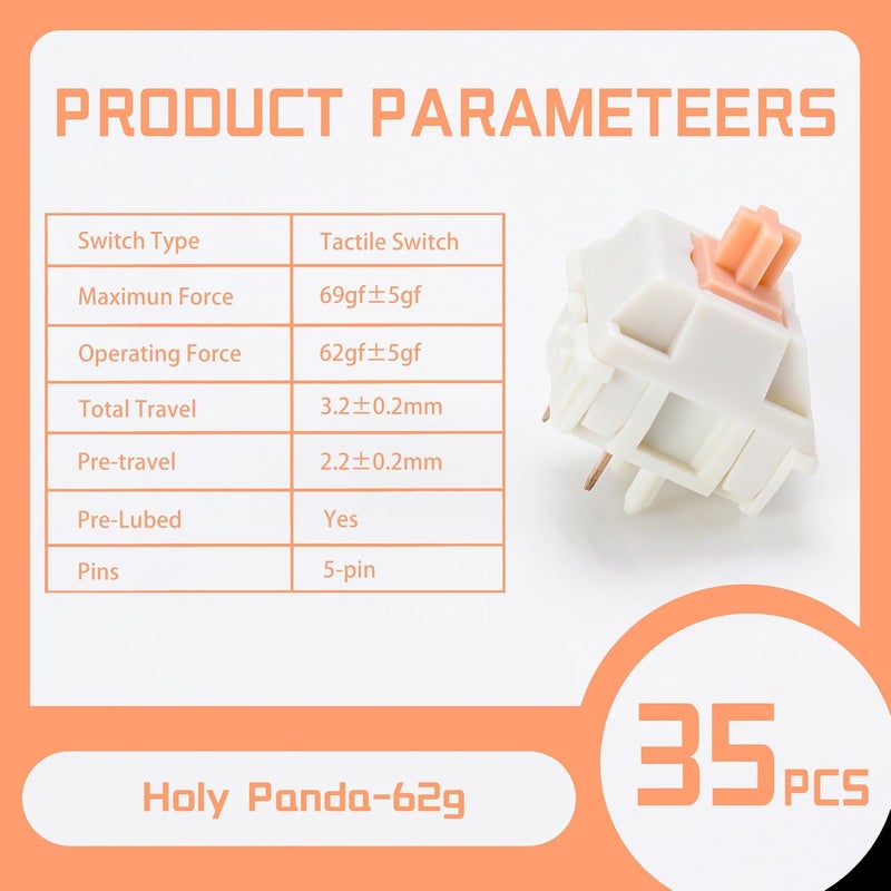 YMKPVR Holy Panda 62g Keyboard Switch,5Pin Pre Lubed Tactile Switch,Compatible for MX Mechanical Keyboard (35PCS) - Image 3